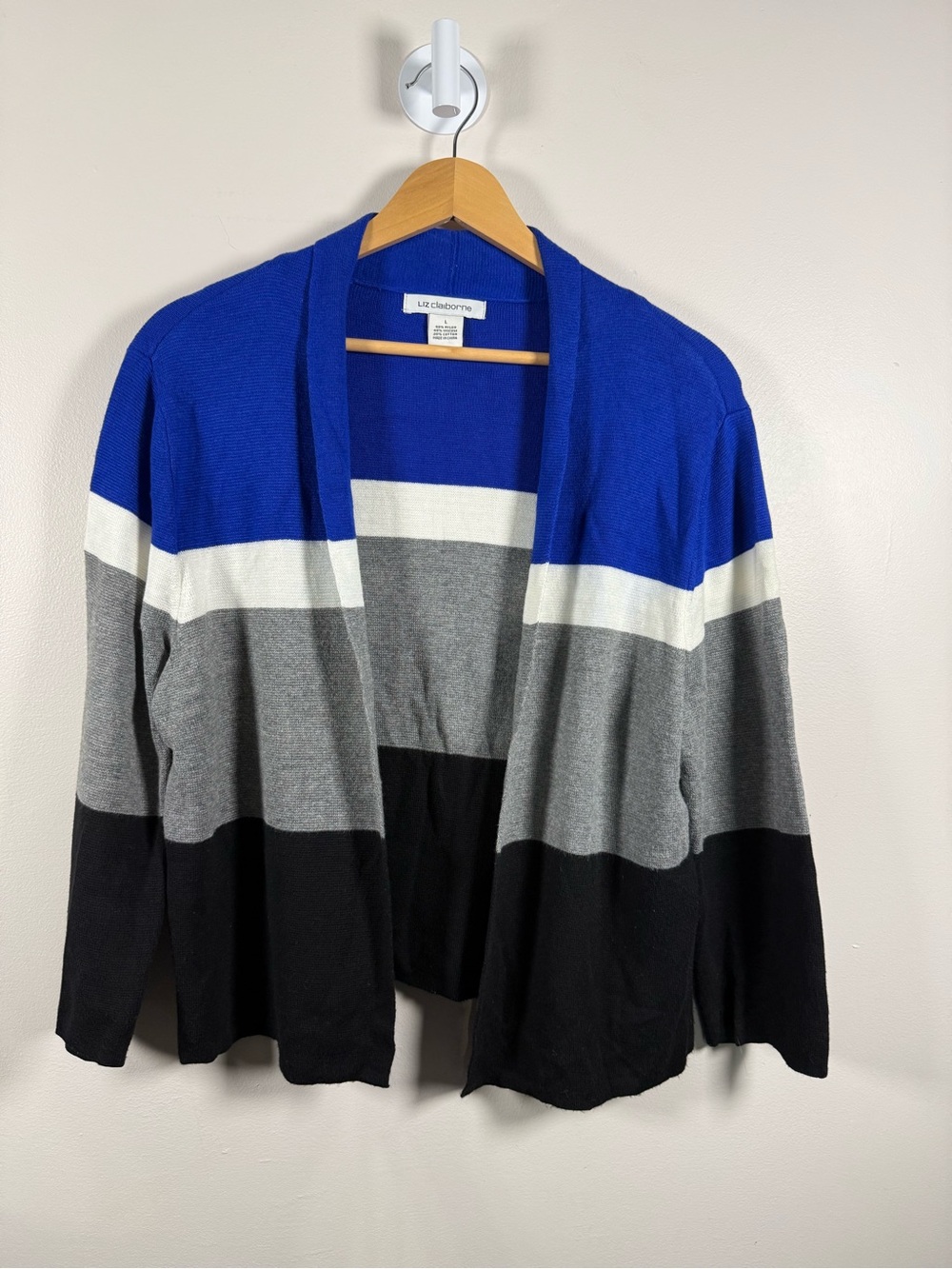 Liz Claiborne Royal Blue, Gray, Black & White Striped Open Cardigan